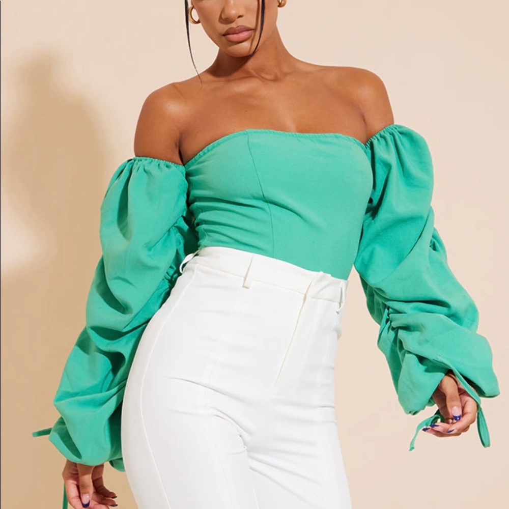 Prettylittlething green Bardot bodysuit